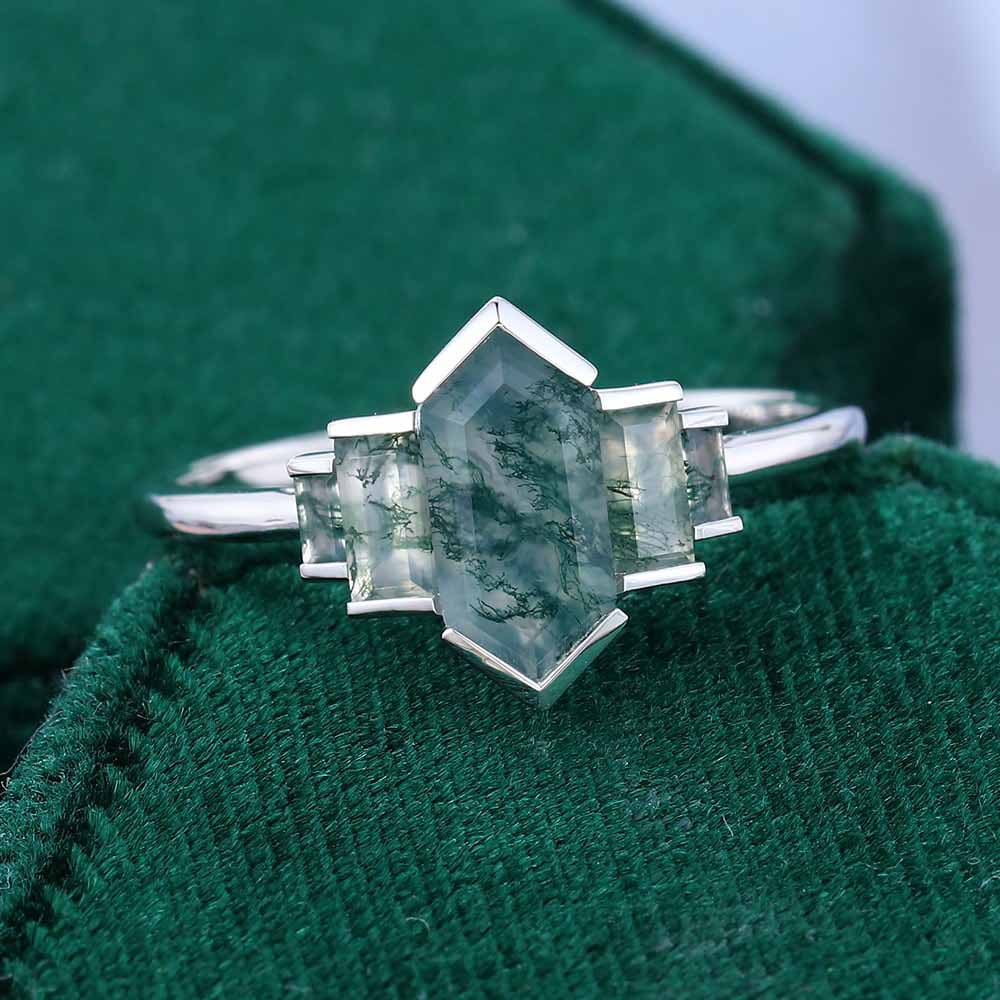 1CT Long Hexagon Moss Agate Engagement Rings In Sterling Silver
