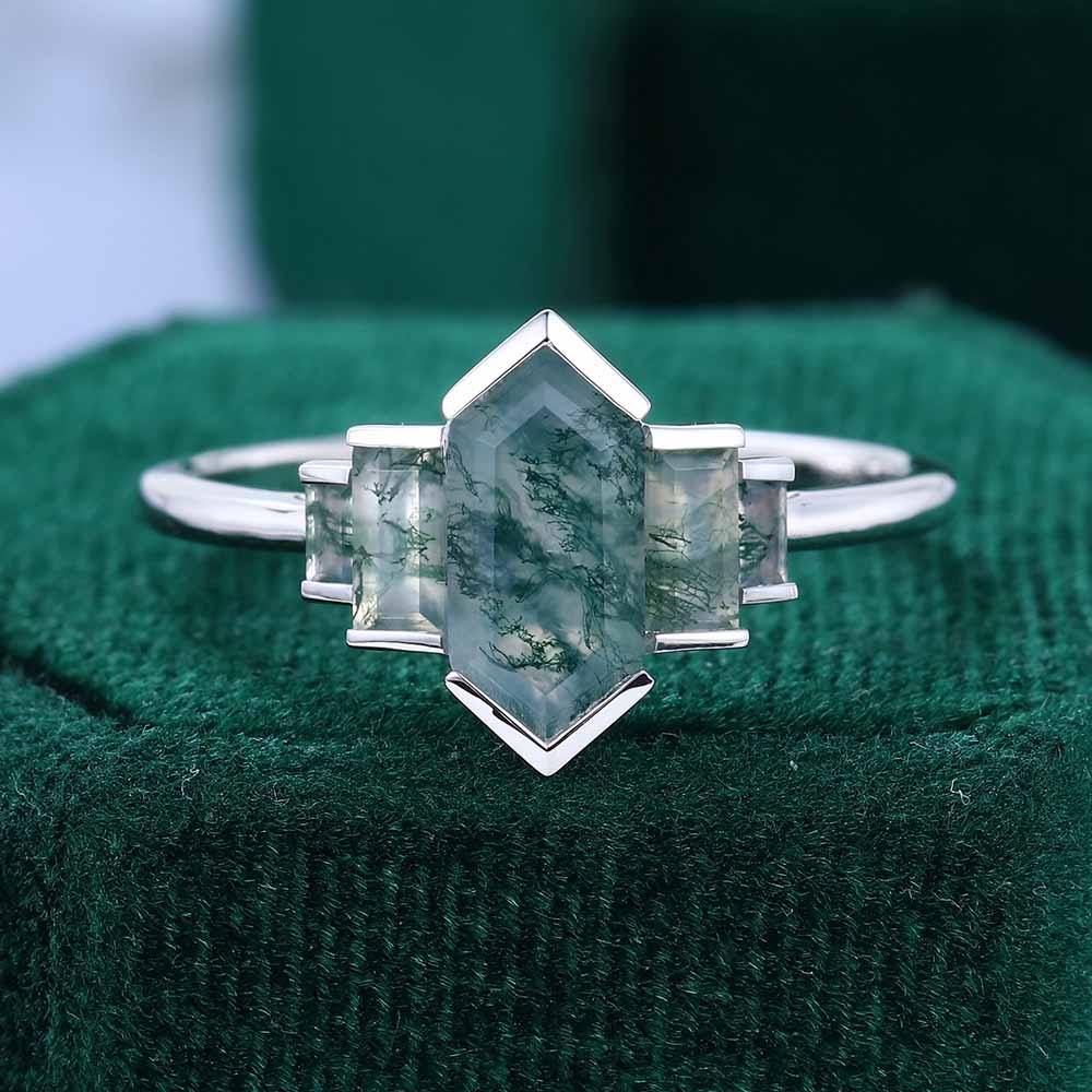 1CT Long Hexagon Moss Agate Engagement Rings In Sterling Silver