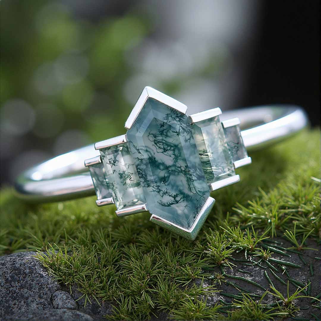 1CT Long Hexagon Moss Agate Engagement Rings In Sterling Silver