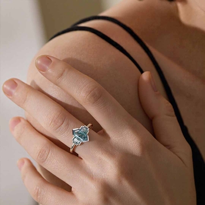 1CT Long Hexagon Moss Agate Engagement Rings In Sterling Silver