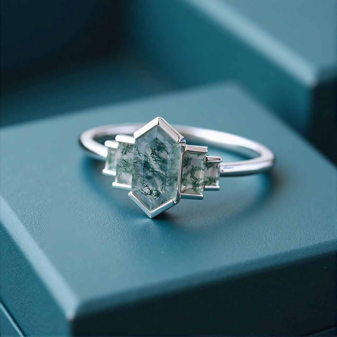 1CT Long Hexagon Moss Agate Engagement Rings In Sterling Silver
