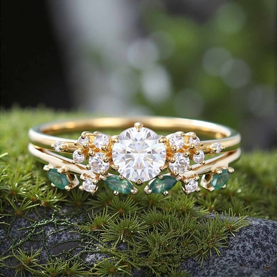 2CT Round Cut Moissanite Engagement Rings Sets In Sterling Silver