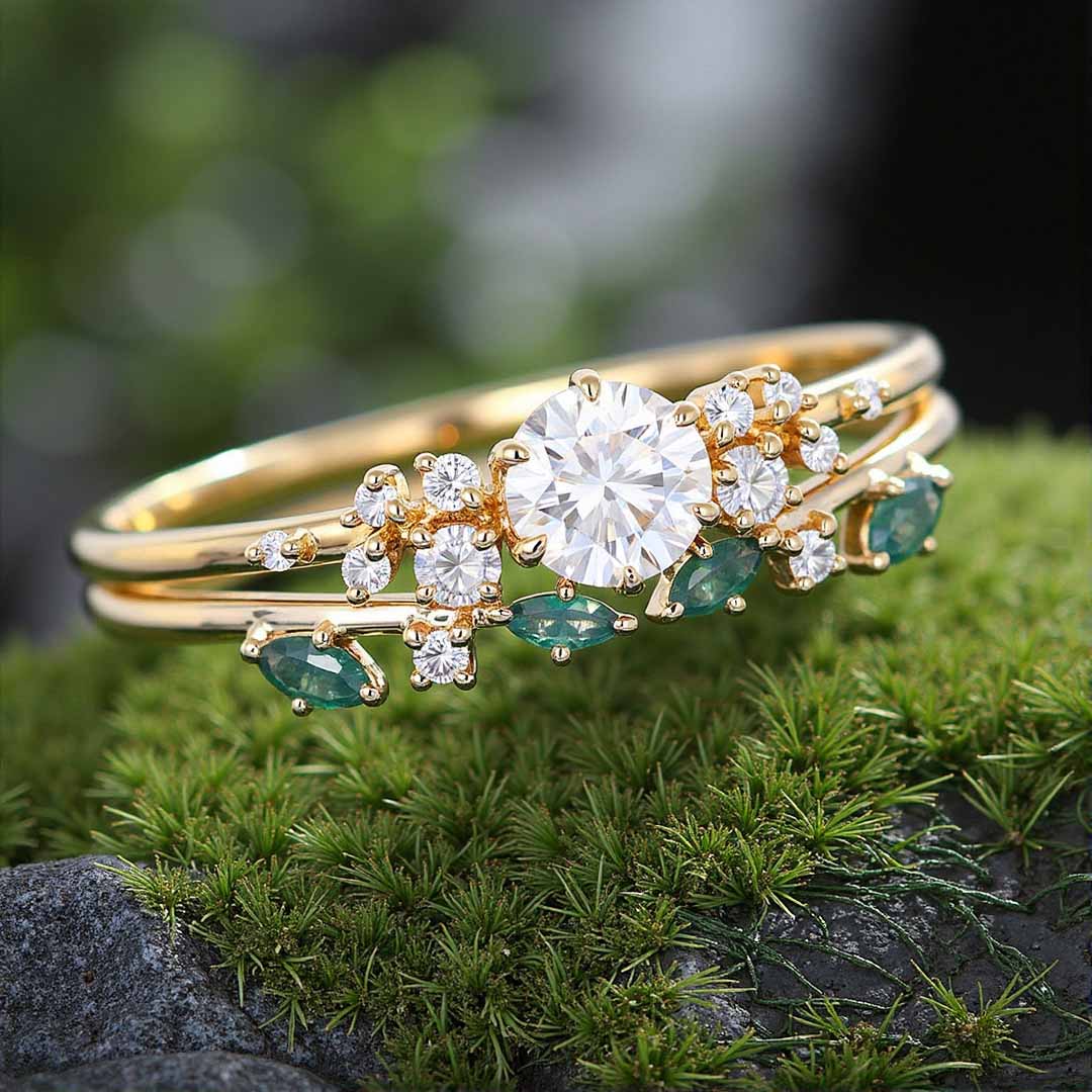 2CT Round Cut Moissanite Engagement Rings Sets In Sterling Silver