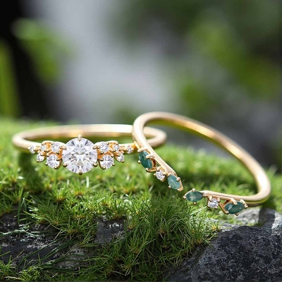 2CT Round Cut Moissanite Engagement Rings Sets In Sterling Silver