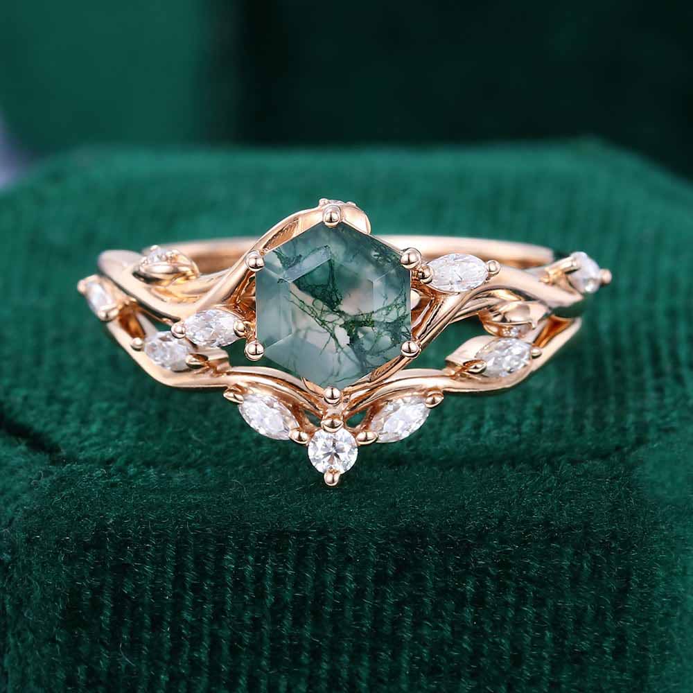 1CT Hexagon Cut Moss Agate Engagement Rings Sets In Sterling Silver