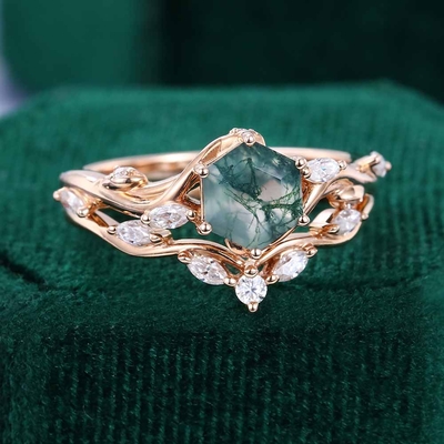 1CT Hexagon Cut Moss Agate Engagement Rings Sets In Sterling Silver