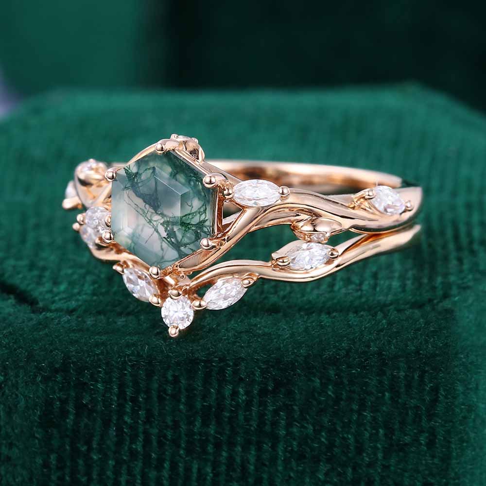 1CT Hexagon Cut Moss Agate Engagement Rings Sets In Sterling Silver