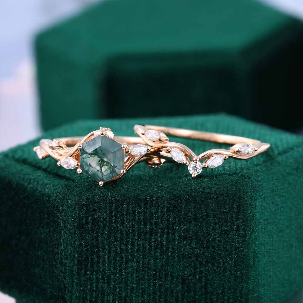 1CT Hexagon Cut Moss Agate Engagement Rings Sets In Sterling Silver