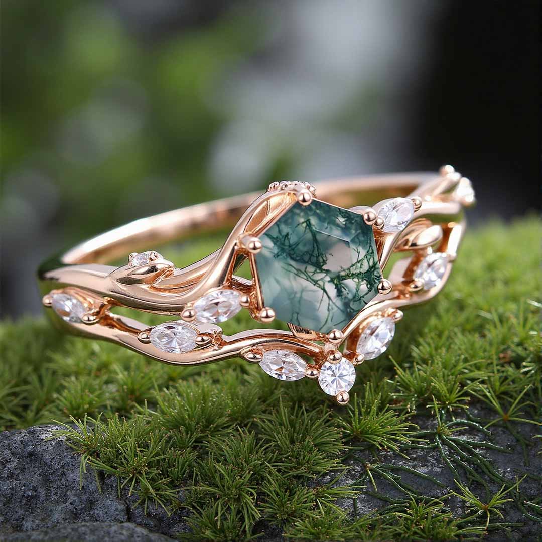 1CT Hexagon Cut Moss Agate Engagement Rings Sets In Sterling Silver