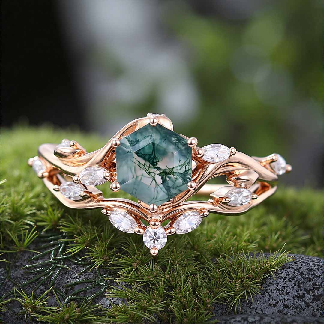1CT Hexagon Cut Moss Agate Engagement Rings Sets In Sterling Silver