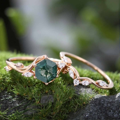 1CT Hexagon Cut Moss Agate Engagement Rings Sets In Sterling Silver