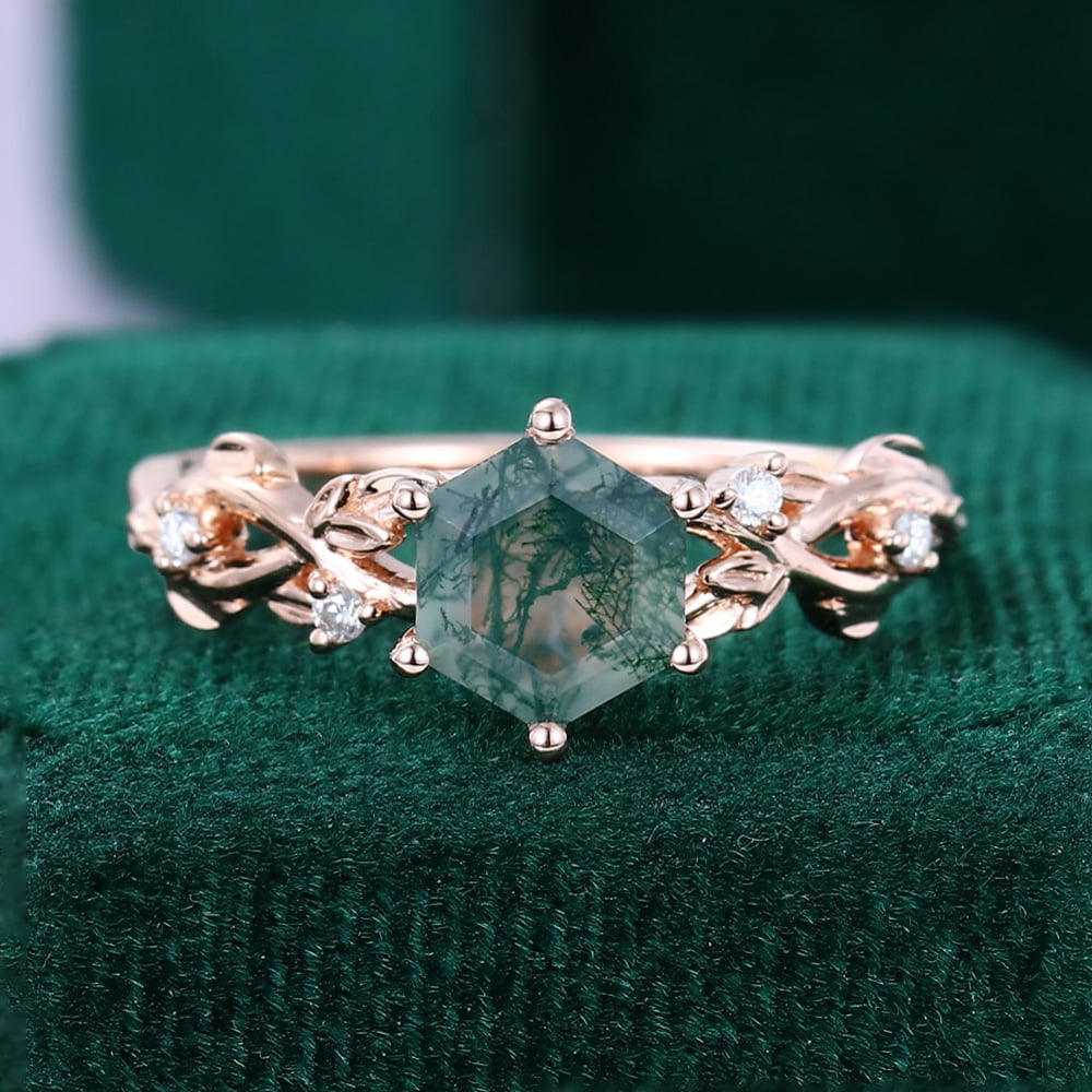 1CT Hexagon Cut Moss Agate Engagement Rings In Sterling Silver