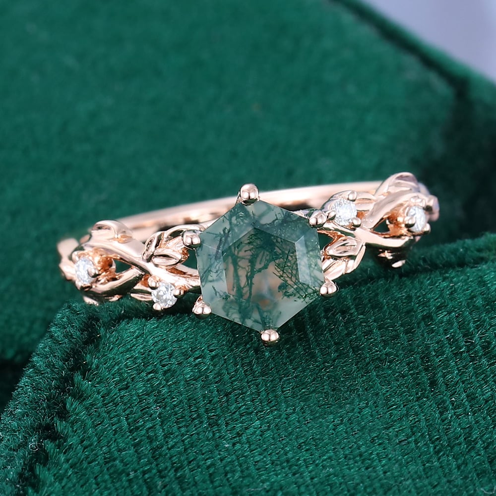 1CT Hexagon Cut Moss Agate Engagement Rings In Sterling Silver