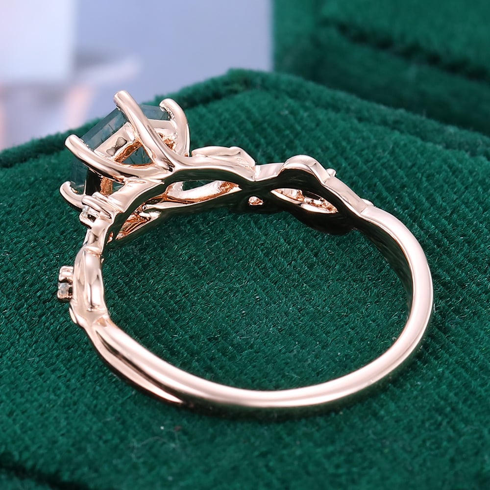 1CT Hexagon Cut Moss Agate Engagement Rings In Sterling Silver