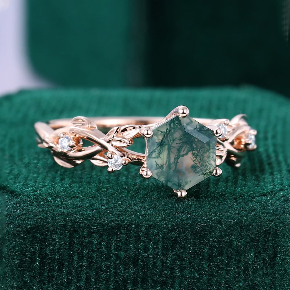 1CT Hexagon Cut Moss Agate Engagement Rings In Sterling Silver