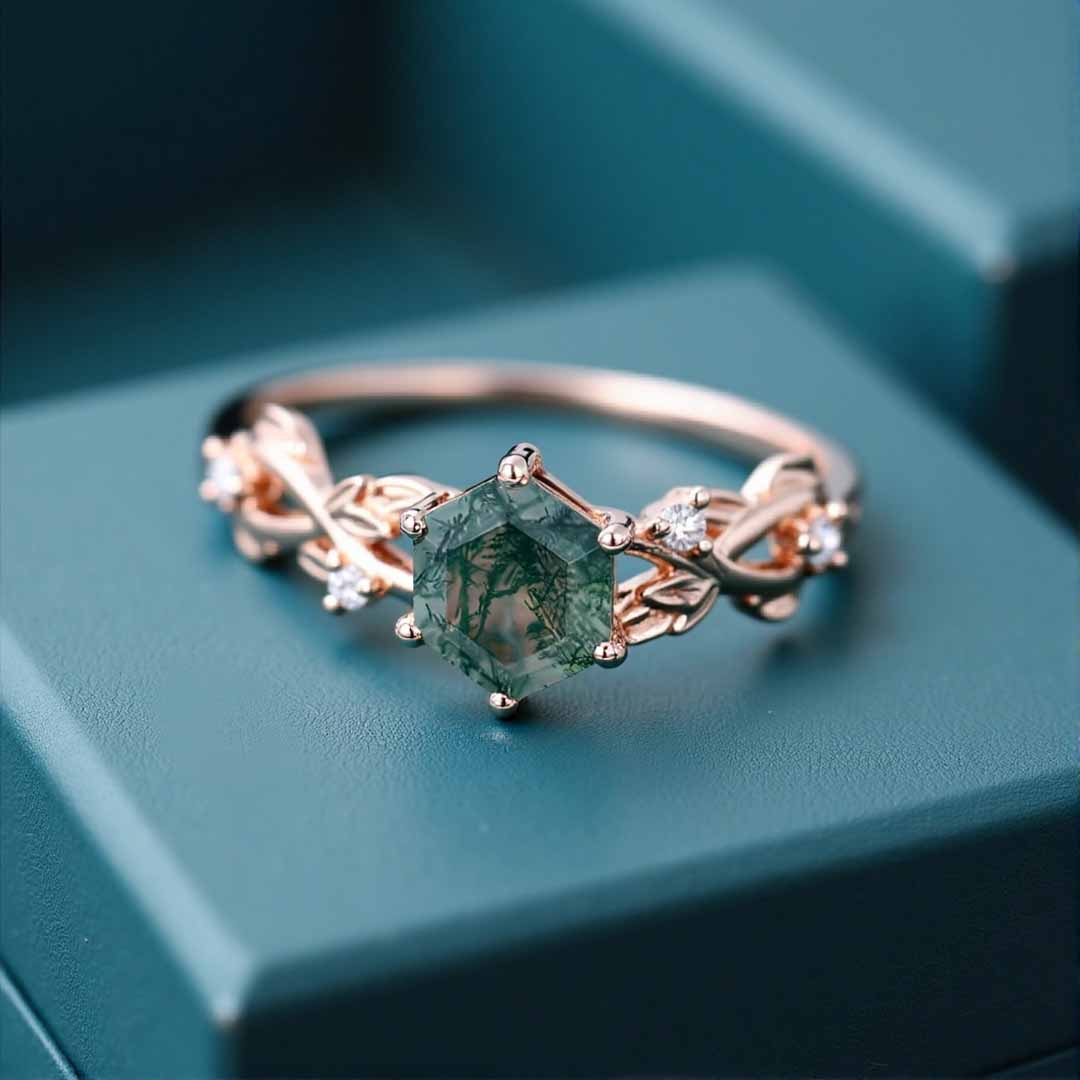 1CT Hexagon Cut Moss Agate Engagement Rings In Sterling Silver