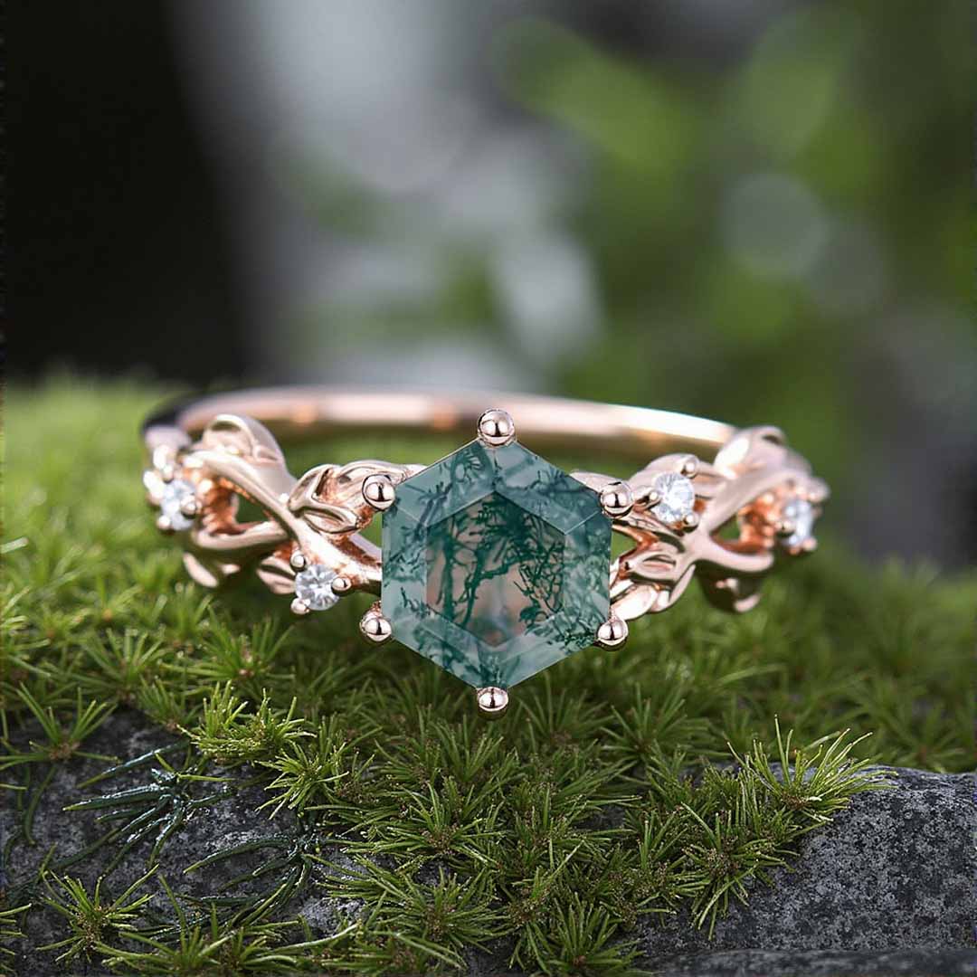 1CT Hexagon Cut Moss Agate Engagement Rings In Sterling Silver