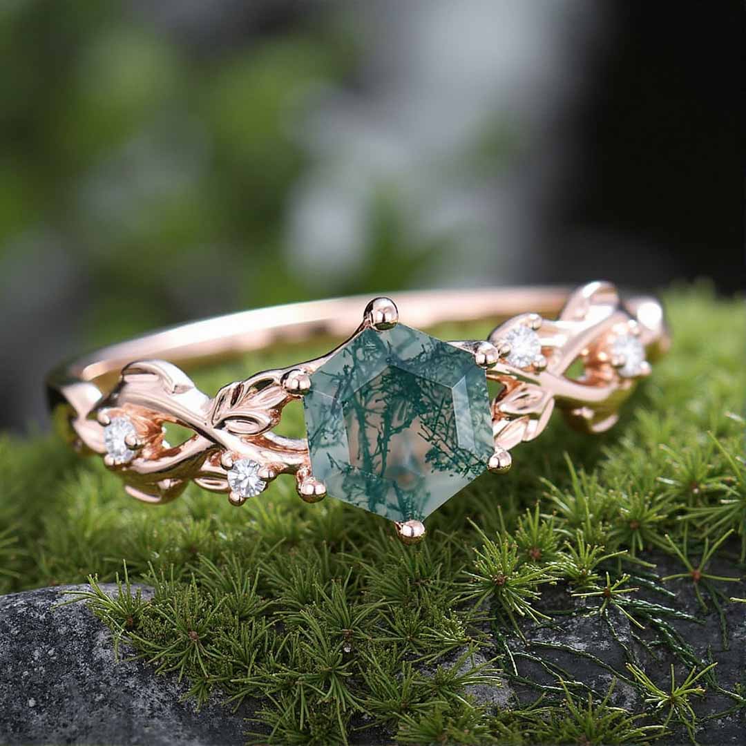 1CT Hexagon Cut Moss Agate Engagement Rings In Sterling Silver