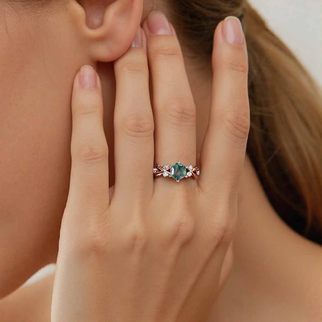 1CT Hexagon Cut Moss Agate Engagement Rings In Sterling Silver
