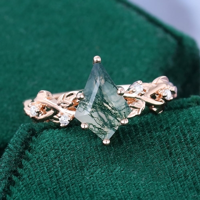 1CT Kite Cut Moss Agate Engagement Rings In Sterling Silver