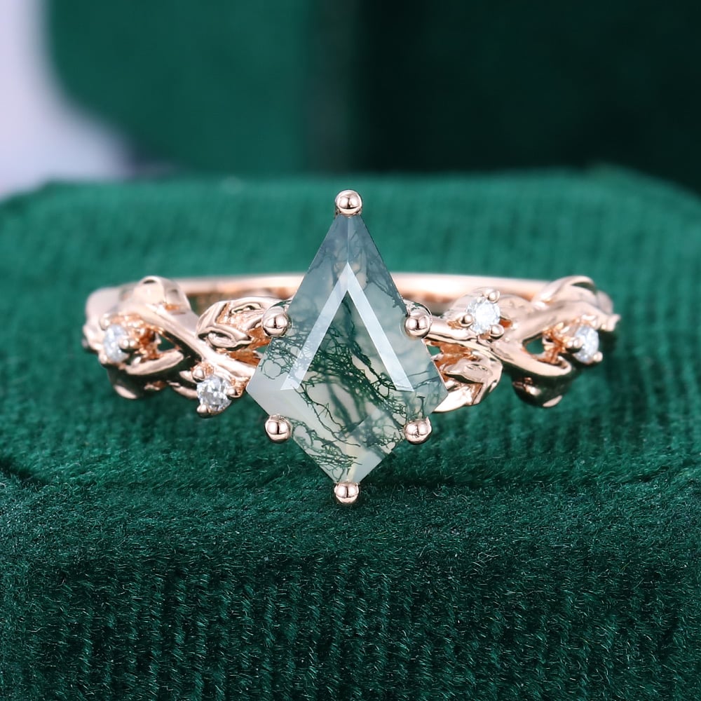 1CT Kite Cut Moss Agate Engagement Rings In Sterling Silver