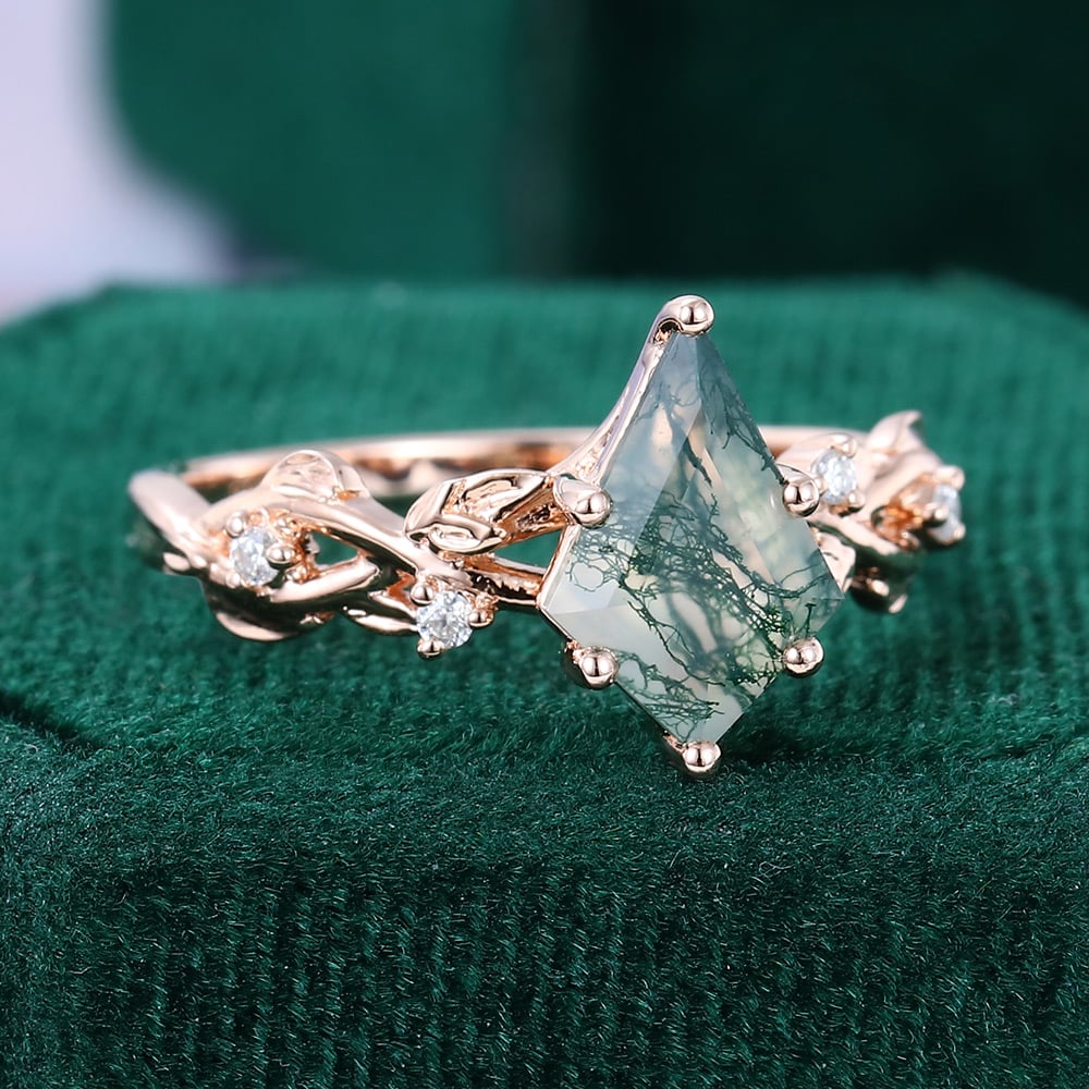1CT Kite Cut Moss Agate Engagement Rings In Sterling Silver