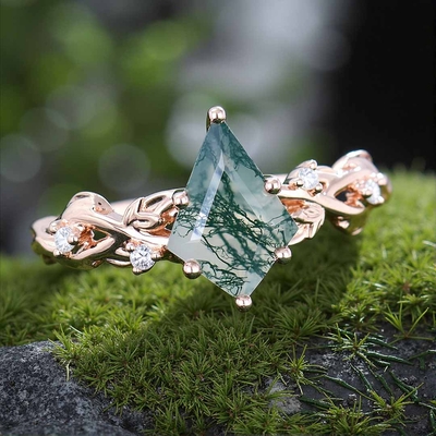 1CT Kite Cut Moss Agate Engagement Rings In Sterling Silver