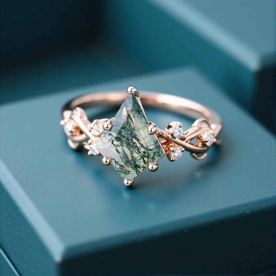1CT Kite Cut Moss Agate Engagement Rings In Sterling Silver