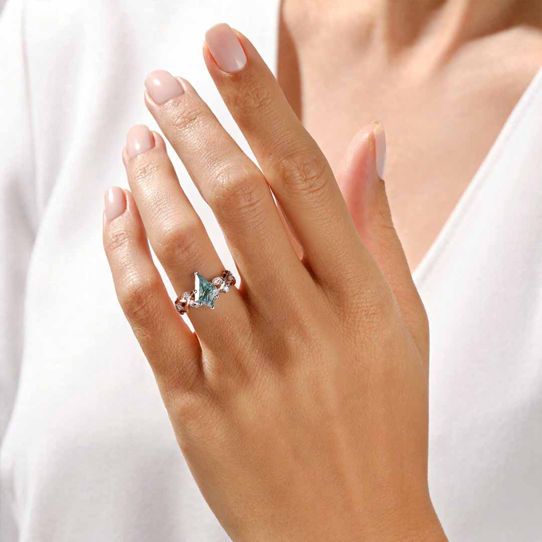 1CT Kite Cut Moss Agate Engagement Rings In Sterling Silver