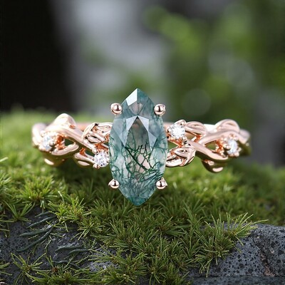 1CT Marquise Cut Moss Agate Engagement Rings In Sterling Silver