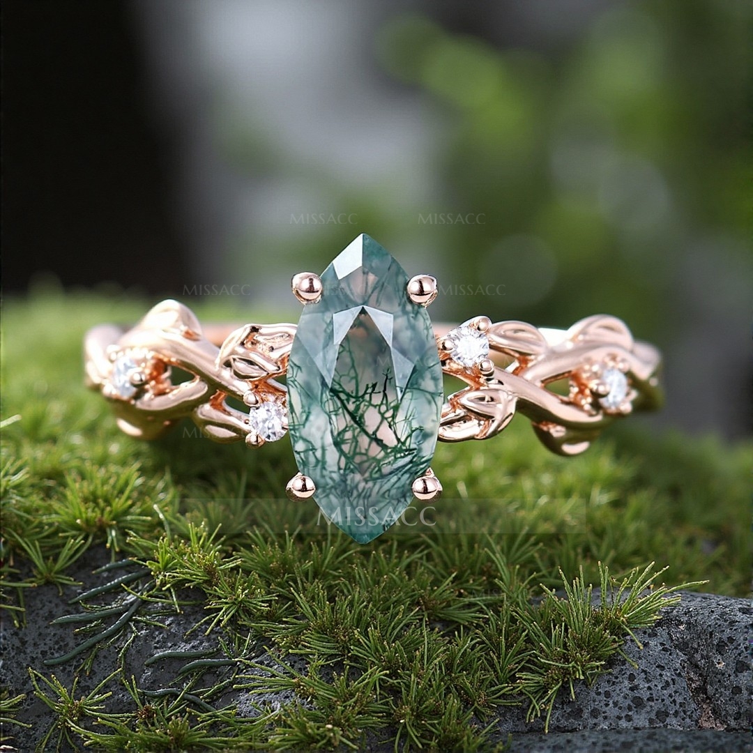 1CT Marquise Cut Moss Agate Engagement Rings In Sterling Silver