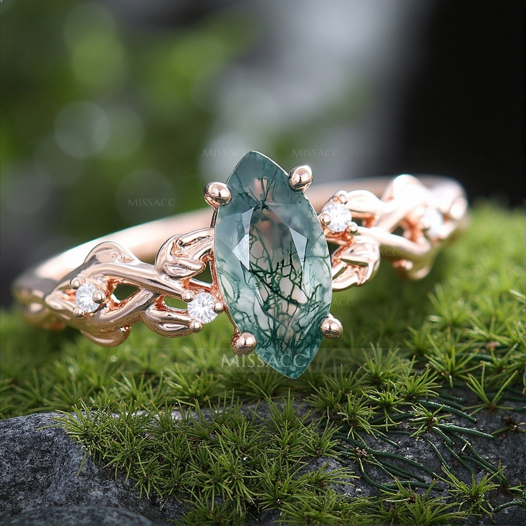 1CT Marquise Cut Moss Agate Engagement Rings In Sterling Silver