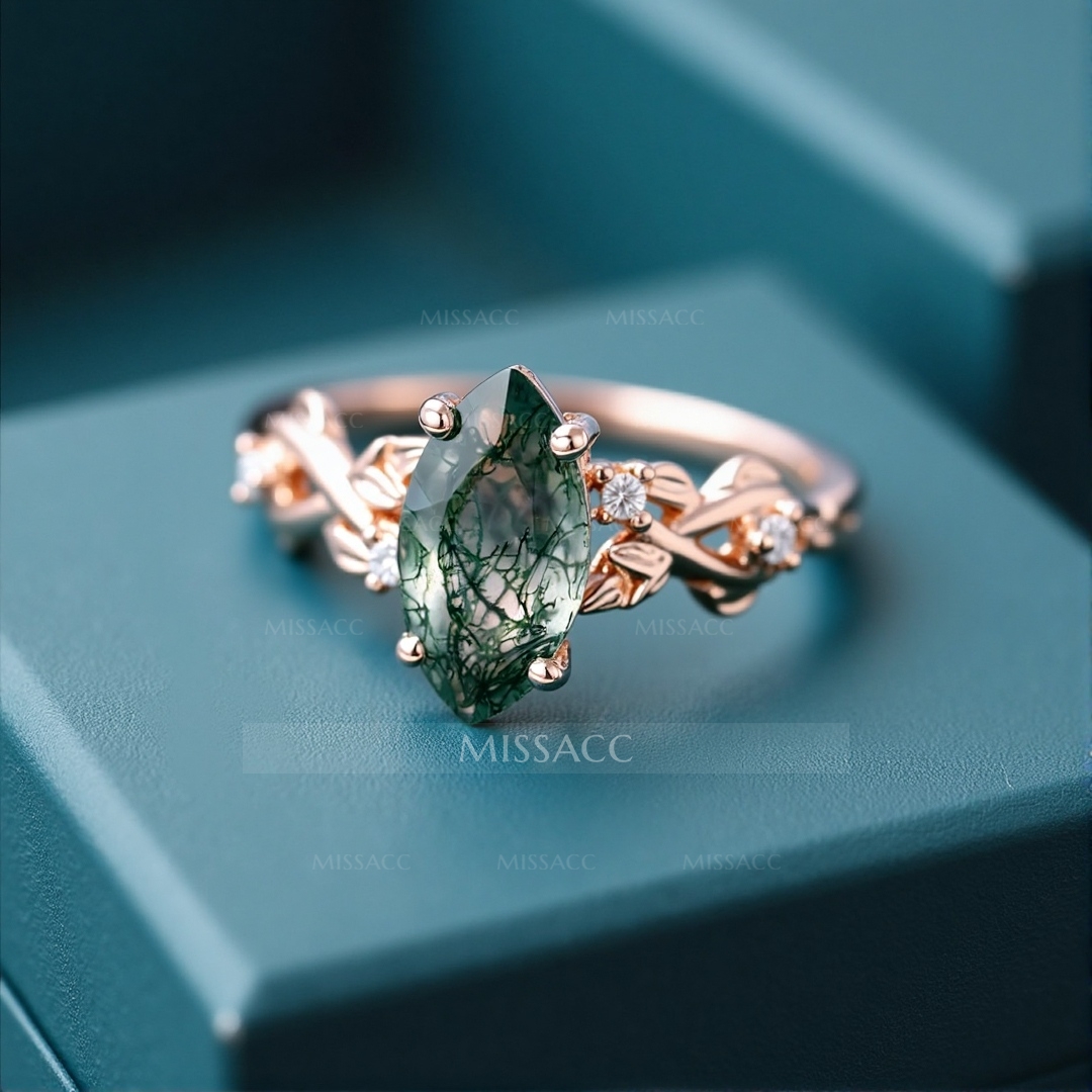 1CT Marquise Cut Moss Agate Engagement Rings In Sterling Silver