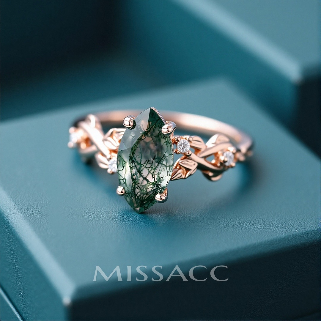 1CT Marquise Cut Moss Agate Engagement Rings In Sterling Silver