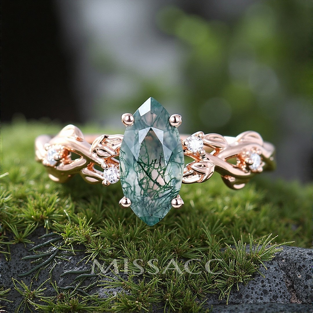 1CT Marquise Cut Moss Agate Engagement Rings In Sterling Silver