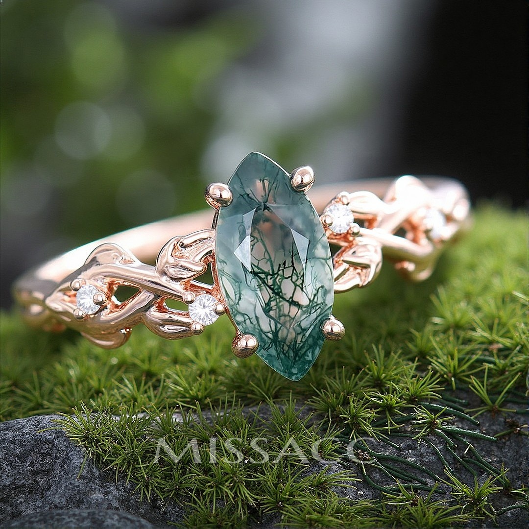 1CT Marquise Cut Moss Agate Engagement Rings In Sterling Silver