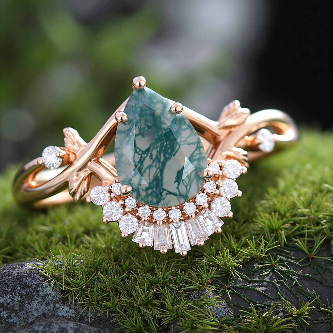 1CT Pear Cut Moss Agate Engagement Rings In Sterling Silver