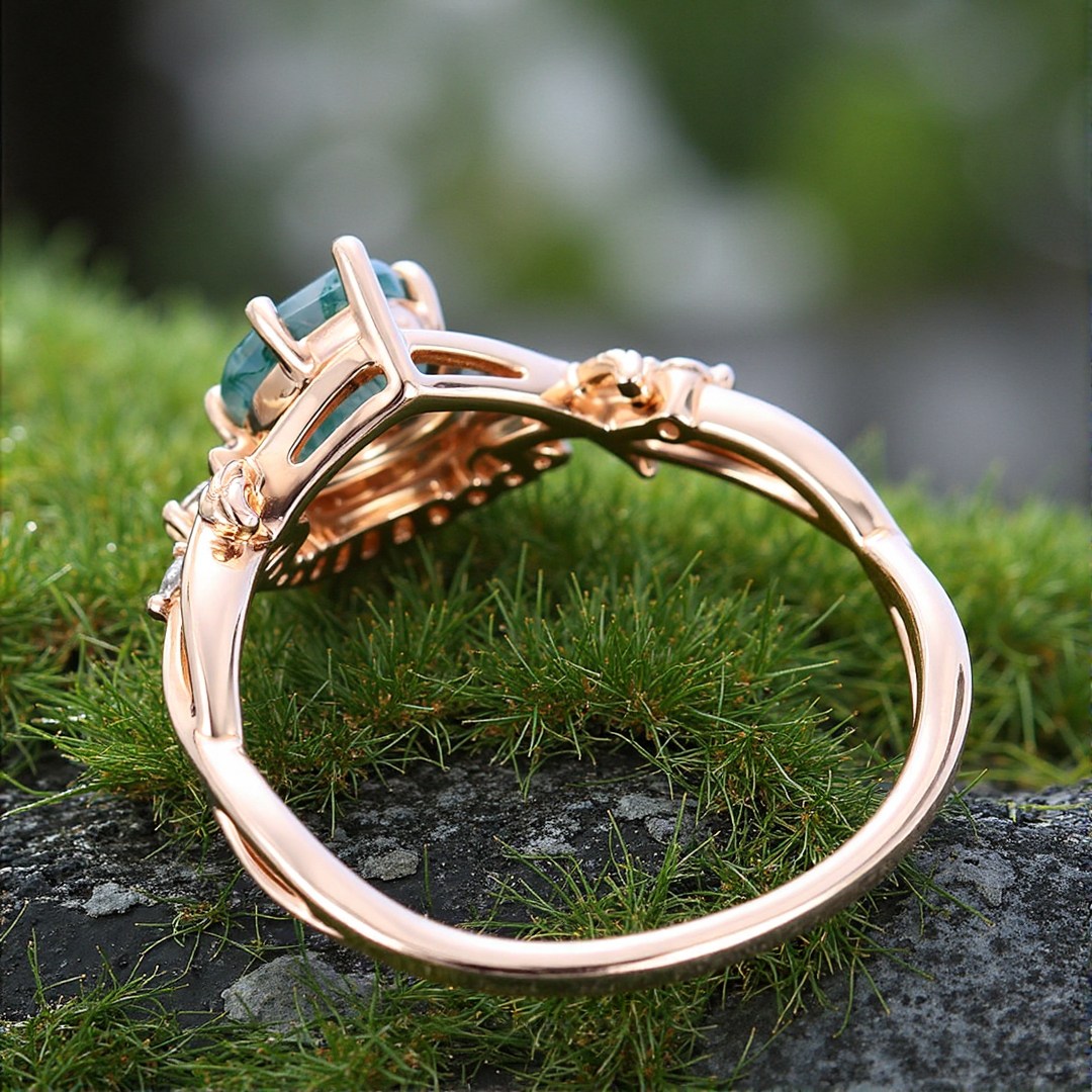 1CT Pear Cut Moss Agate Engagement Rings In Sterling Silver