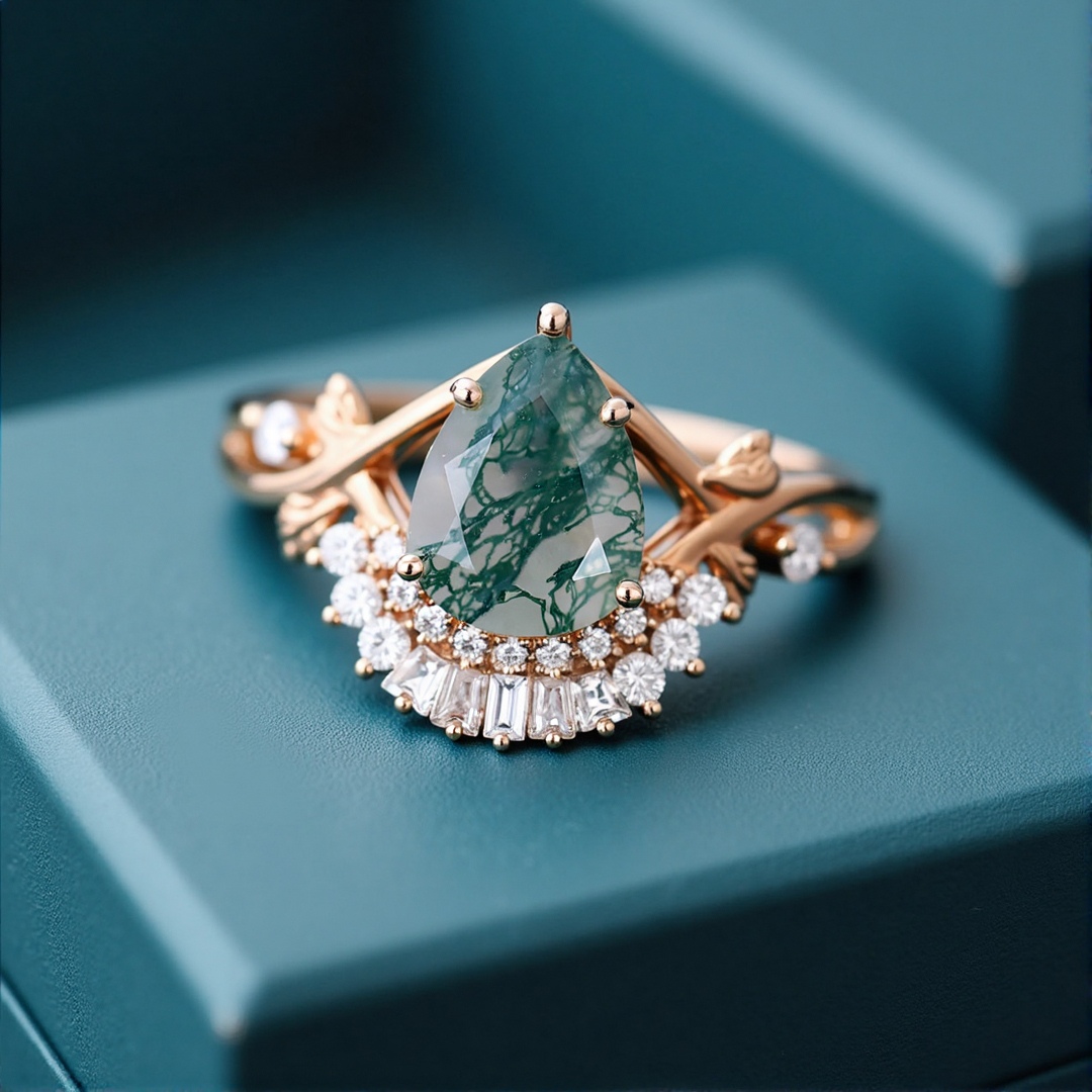 1CT Pear Cut Moss Agate Engagement Rings In Sterling Silver