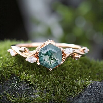 1CT Hexagon Cut Moss Agate Engagement Rings In Sterling Silver