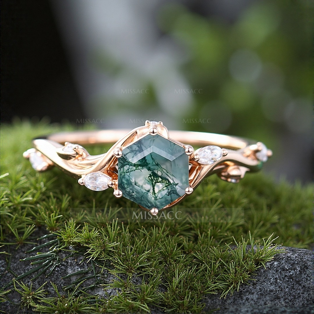 1CT Hexagon Cut Moss Agate Engagement Rings In Sterling Silver