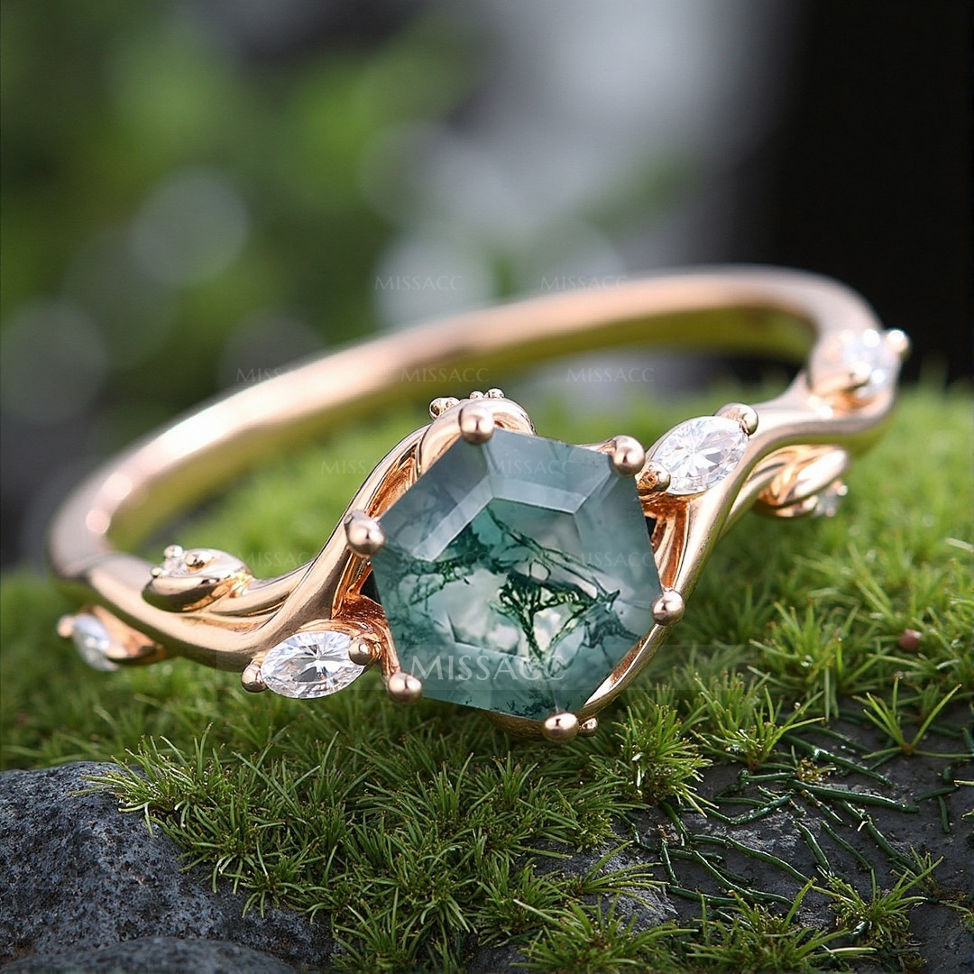 1CT Hexagon Cut Moss Agate Engagement Rings In Sterling Silver