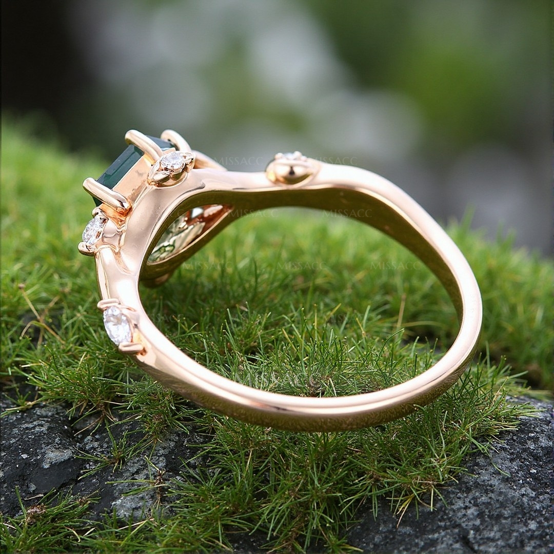 1CT Hexagon Cut Moss Agate Engagement Rings In Sterling Silver