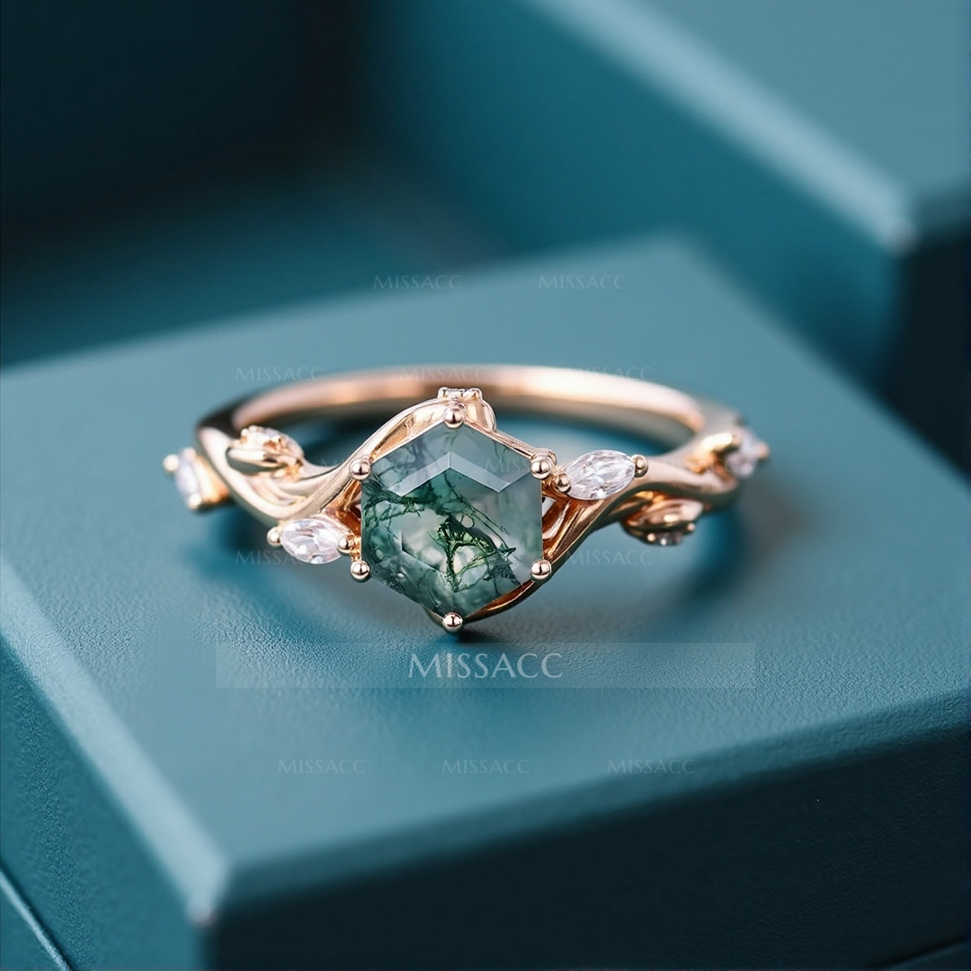 1CT Hexagon Cut Moss Agate Engagement Rings In Sterling Silver