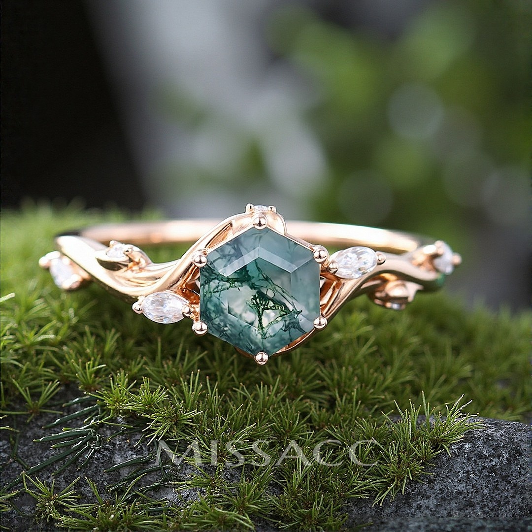 1CT Hexagon Cut Moss Agate Engagement Rings In Sterling Silver