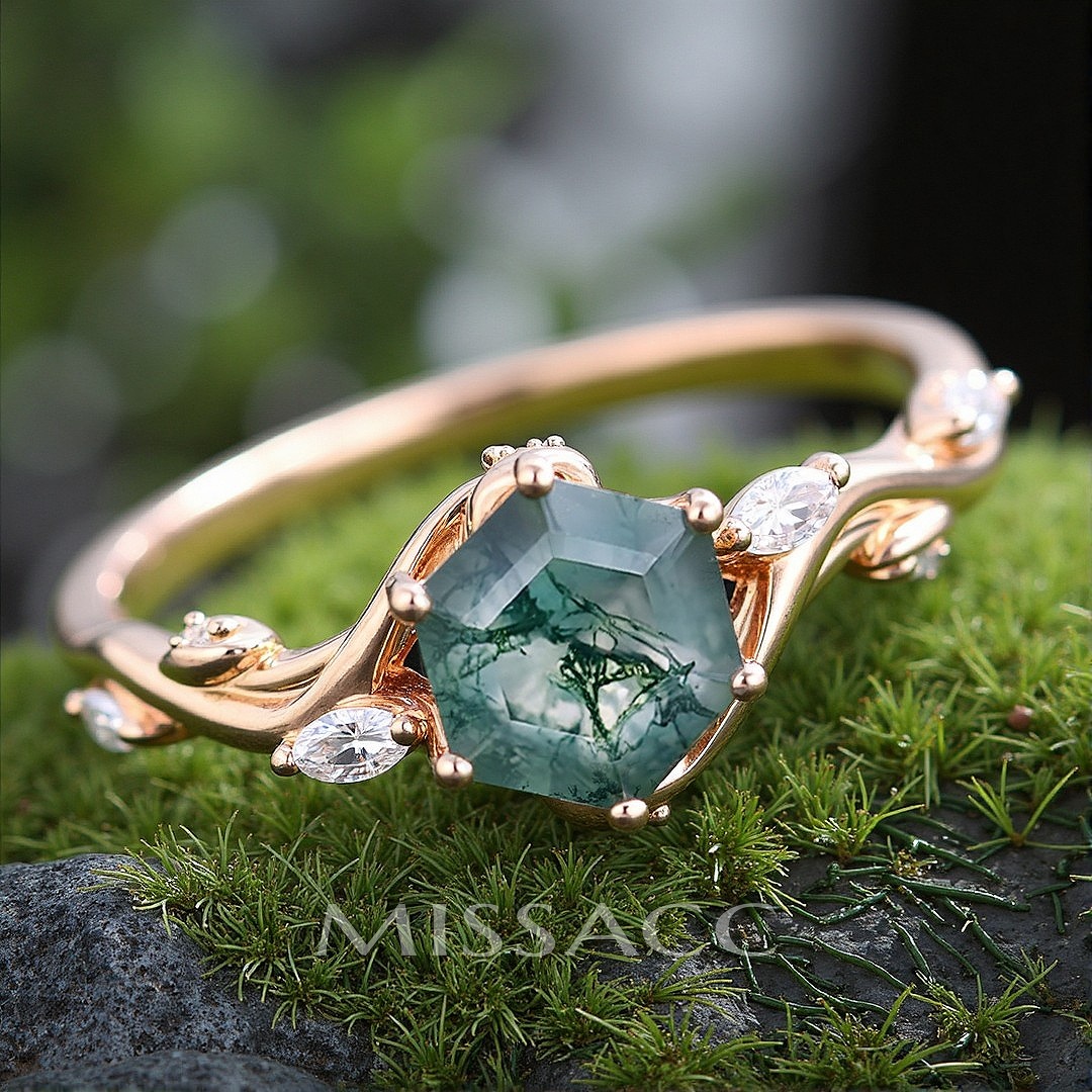 1CT Hexagon Cut Moss Agate Engagement Rings In Sterling Silver