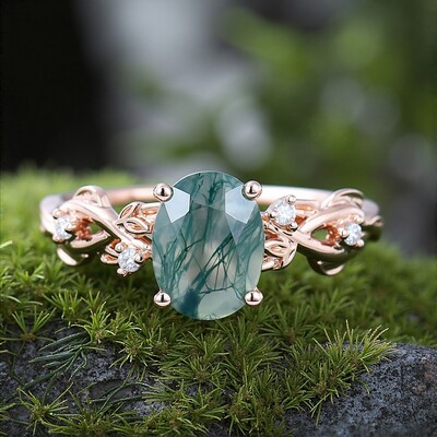 1CT Oval Cut Moss Agate Engagement Rings In Sterling Silver