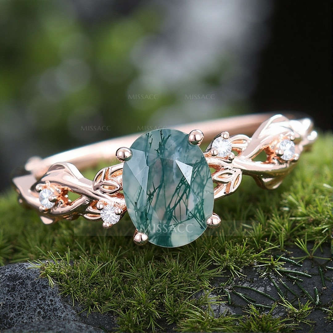 1CT Oval Cut Moss Agate Engagement Rings In Sterling Silver