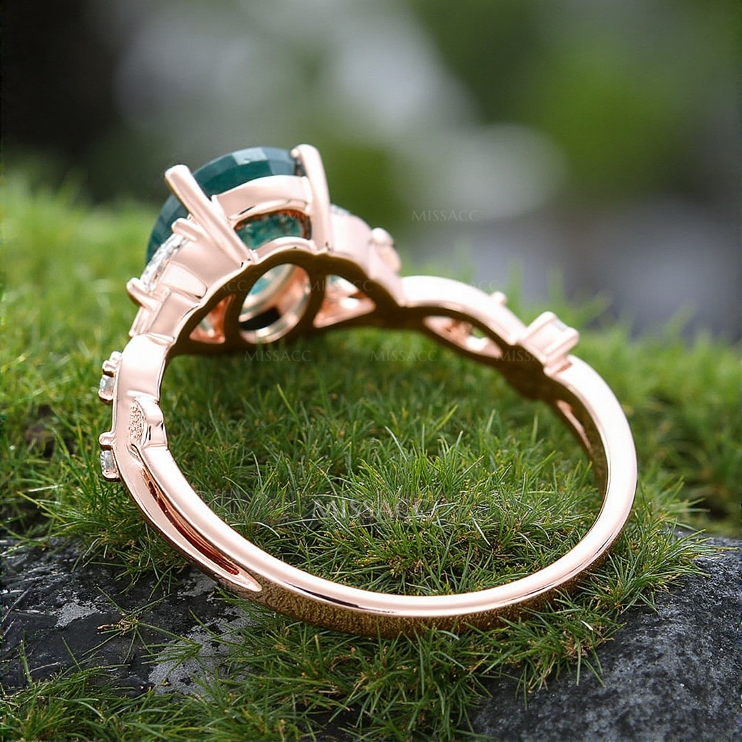 1CT Oval Cut Moss Agate Engagement Rings In Sterling Silver