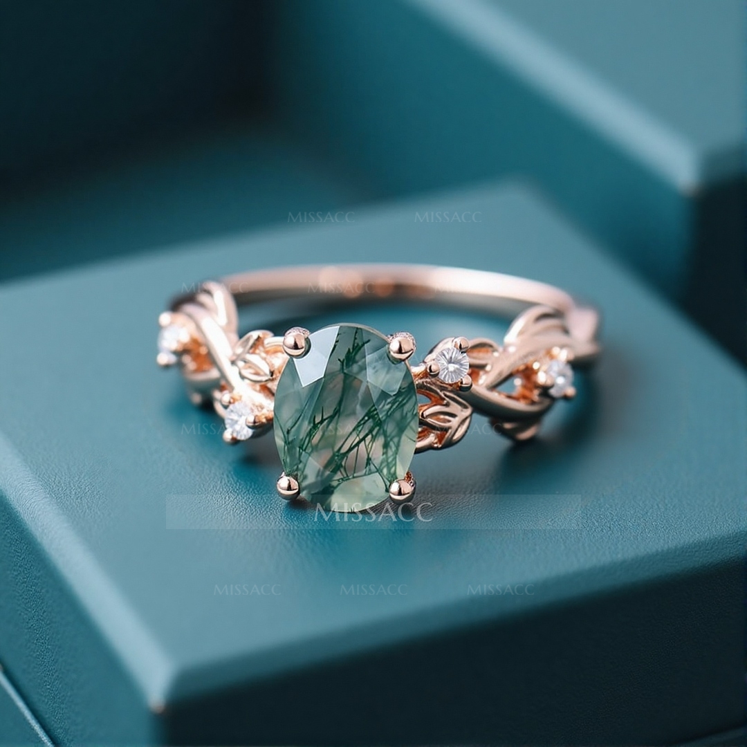 1CT Oval Cut Moss Agate Engagement Rings In Sterling Silver
